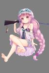  1girl barefoot black_bra bow bra braid breasts crossed_legs dress feet full_body grey_background gun hat hat_bow holding holding_gun holding_weapon itsuwari_alice long_hair looking_at_viewer low-tied_long_hair official_art over_shoulder pico_(p_i_c_o) purple_hair sidelocks simple_background sitting small_breasts smile solo strap_slip underwear weapon white_headwear 