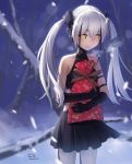  1girl christmas christmas_gift cleavage_cutout commentary_request destroyer_(girls_frontline) eyebrows_visible_through_hair girls_frontline sangvis_ferri sarasa_(kanbi) smile snowing solo twintails 