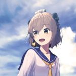  1girl blue_sky brown_eyes brown_hair clouds commentary_request dress headgear headset highres kantai_collection neckerchief open_mouth rankebu round_teeth sailor_dress short_hair sky smile solo speaking_tube_headset teeth upper_teeth yellow_neckwear yukikaze_(kantai_collection) 