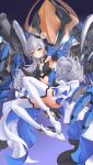  1girl absurdres bangs bare_shoulders blue_eyes blush bow breasts bronya_zaychik commentary_request dress drill_hair eyebrows_visible_through_hair gloves hair_between_eyes hair_bow hair_ornament highres honkai_(series) honkai_impact_3rd jewelry long_hair looking_at_viewer miso_(b7669726) silver_hair small_breasts smile solo thigh-highs twin_drills 