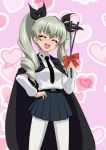  1girl afterimage anchovy_(girls_und_panzer) anzio_school_uniform bangs belt black_belt black_cape black_neckwear black_ribbon black_skirt blush bow cape closed_eyes commentary_request dress_shirt drill_hair facing_viewer girls_und_panzer green_hair hair_ribbon hand_on_hip heart heart_background highres holding long_hair long_sleeves miniskirt motion_lines nao_(nao_puku777) necktie open_mouth pantyhose pleated_skirt purple_background red_bow red_eyes ribbon riding_crop school_uniform shirt skirt smile solo standing twin_drills twintails white_legwear white_shirt 