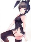  1girl animal_ears ass bangs bare_arms black_dress black_hair black_legwear blank_stare blunt_bangs breasts bunny_tail china_dress chinese_clothes dress garter_straps idolmaster idolmaster_cinderella_girls leg_up medium_breasts nannacy7 panties rabbit_ears see-through shirayuki_chiyo short_hair simple_background sleeveless sleeveless_dress solo tail thigh-highs thong underwear violet_eyes white_background white_panties 