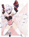  1girl absurdres ahoge aiming_at_viewer bare_shoulders blush breasts chuunioniika covered_navel dated dual_wielding elbow_gloves gloves gun handgun happy_birthday highres holding large_breasts lavender_hair leotard long_hair looking_at_viewer low_twintails red_leotard revolver scrunchie senki_zesshou_symphogear shiny shiny_hair shiny_skin smile solo thigh-highs twintails violet_eyes weapon white_legwear yukine_chris 