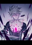  1boy blue_eyes bodysuit collar earrings eyeshadow fate/apocrypha fate/grand_order fate_(series) hand_on_own_chest highres jewelry karna_(fate) makeup male_focus ono_matope pale_skin purple_theme solo spiked_collar spikes white_hair 
