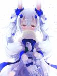 1girl animal_ears azur_lane bangs bare_shoulders blue_bow blue_flower blue_ribbon blush bouquet bow covered_mouth dress flower gloves hair_between_eyes hair_flower hair_ornament hair_ribbon holding holding_bouquet holding_hands laffey_(azur_lane) laffey_(white_rabbit&#039;s_oath)_(azur_lane) long_hair looking_at_viewer nitchi out_of_frame pink_eyes pov pov_hands rabbit_ears ribbon sash silver_hair simple_background solo_focus twintails very_long_hair white_background white_dress white_flower white_gloves white_ribbon 