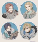  1girl 3boys ;d armor blonde_hair blue_eyes blue_hair brown_eyes dimitri_alexandre_blaiddyd eyepatch felix_hugo_fraldarius fire_emblem fire_emblem:_three_houses frown fur_trim green_eyes hair_ornament half_updo ingrid_brandl_galatea multiple_boys one_eye_closed open_mouth orange_eyes ponytail redhead short_hair smile sylvain_jose_gautier ususususu 