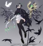  1girl asymmetrical_clothes bird black_hair black_legwear blue_eyes blush claws earrings fang from_below grey_background hair_over_one_eye highres jewelry kasagarasu looking_at_viewer multicolored_hair open_mouth original short_hair solo standing streaked_hair thigh-highs wings 