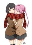  2girls ;d bangs black_hair black_legwear blush brown_eyes brown_jacket chijou_noko chikanoko commentary_request eyebrows_visible_through_hair grey_skirt hair_intakes highres jacket kneehighs long_hair long_sleeves multiple_girls one_eye_closed open_mouth pink_hair plaid plaid_scarf pleated_skirt ragho_no_erika red_eyes red_scarf scarf shared_scarf simple_background skirt sleeves_past_wrists smile translated tsugou_makina twintails very_long_hair white_background 