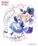  1girl alice_in_wonderland black_footwear blonde_hair blue_dress card card_soldier cat cinderella_nine company_name copyright_name dress fork_hair_ornament frilled_dress frills hat hat_removed headwear_removed highres leg_ribbon long_hair long_sleeves official_art pantyhose playing_card pocket_watch purple_cat ribbon saucer side_ponytail simple_background solo spoon_hair_ornament tea watch white_background white_legwear 