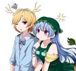  2girls :t adapted_costume anger_vein arm_hug bangs bare_shoulders blonde_hair blue_bow blue_hair blue_neckwear blue_ribbon blue_suit blush bow bowtie breast_pocket breasts commentary dragon_horns dress eyebrows_visible_through_hair flower formal green_dress haniyasushin_keiki head_scarf horns kicchou_yachie long_hair long_sleeves looking_at_another medium_breasts multiple_girls one_eye_closed pocket red_eyes ribbon short_hair simple_background squiggle suit swept_bangs symbol_commentary touhou upper_body v-shaped_eyebrows violet_eyes white_background wrist_ribbon yukome yuri 