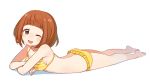  1girl ;d bangs bare_arms bare_back bare_legs barefoot bikini blunt_bangs blush breasts brown_eyes brown_hair butt_crack collarbone crossed_arms eyebrows_visible_through_hair frilled_bikini_bottom frills from_side idolmaster idolmaster_cinderella_girls kitami_yuzu looking_at_viewer lying medium_breasts nose_blush on_stomach one_eye_closed open_mouth short_hair sideboob simple_background smile solo striped striped_bikini striped_swimsuit swimsuit tareme white_background yareru_babaa yellow_bikini 