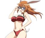  1girl adjusting_goggles animal_ears bangs bikini blue_eyes breasts bunny_tail charlotte_e_yeager commentary cowboy_shot eyebrows_visible_through_hair goggles hand_on_hip large_breasts long_hair looking_at_viewer nanashino navel open_mouth orange_hair rabbit_ears red_bikini simple_background smile solo standing strike_witches swimsuit tail white_background wind world_witches_series 