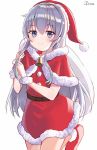  1girl bangs bell belt blue_eyes blush capelet dress eyebrows_visible_through_hair eyelashes fur_trim hair_between_eyes hat hibiki_(kantai_collection) holding holding_sack kantai_collection long_hair moyasi3409854 pom_pom_(clothes) red_dress red_footwear sack santa_costume santa_hat sidelocks signature silver_hair simple_background smile solo white_background 