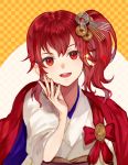  1girl anna_(fire_emblem) bow cape coin coin_hair_ornament commentary_request eyebrows_visible_through_hair fire_emblem fire_emblem_heroes hair_between_eyes hair_ornament japanese_clothes jurge kimono looking_at_viewer new_year obi open_mouth ponytail red_bow red_cape red_eyes redhead sash shiny shiny_hair short_hair side_ponytail smile solo teeth tied_hair white_kimono yukata 