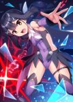  1girl bangs bare_shoulders benitsuki_tsubasa black_hair blush breasts brown_eyes commentary_request energy eyebrows_visible_through_hair fate/kaleid_liner_prisma_illya fate_(series) hair_ornament hairclip highres holding long_hair looking_at_viewer magical_girl miyu_edelfelt open_mouth small_breasts solo thigh-highs yellow_eyes 
