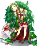  1girl braid christmas_ornaments closed_mouth dress fire_emblem fire_emblem:_three_houses fire_emblem_heroes full_body fur_trim green_eyes green_hair hair_ornament jurge long_hair pointy_ears simple_background smile solo sothis_(fire_emblem) tiara twin_braids white_background 