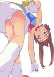  1girl bent_over blush_stickers bow bowtie brown_hair dress gloves green_eyes highres looking_at_viewer panties pantyshot picking_up renkin_san-kyuu_magical_pokaan satsuyo strapless strapless_dress underwear upskirt white_gloves white_legwear white_panties yuuma_(renkin_san-kyuu_magical_pokaan) 