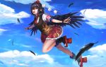  1girl :d armband bangs bare_legs black_gloves black_hair black_legwear black_vest blue_sky breasts bridal_gauntlets clouds commentary_request day feathers full_body geta gloves hair_between_eyes hat looking_at_viewer miniskirt necktie open_mouth outdoors outstretched_arms petticoat pointy_ears pom_pom_(clothes) re_(re_09) red_eyes red_neckwear red_skirt shameimaru_aya shirt short_hair short_sleeves sidelocks skirt sky small_breasts smile solo tassel tengu-geta thighs tokin_hat touhou vest white_shirt 