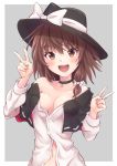  1girl :d absurdres bangs bare_shoulders black_capelet black_choker black_headwear blush border bow breasts brown_eyes brown_hair capelet choker collarbone commentary_request double_v eyebrows_visible_through_hair eyelashes grey_background hair_between_eyes hair_bow hands_up hat hat_bow highres long_sleeves looking_at_viewer navel off_shoulder open_mouth outside_border partially_unbuttoned ramie_(ramie541) shirt short_hair simple_background small_breasts smile solo touhou upper_body usami_renko v white_border white_bow white_shirt 