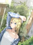  1girl absurdres arm_above_head blonde_hair blue_eyes blush boarded_wall dutch_angle highres long_hair looking_at_viewer maple_rain moss off_shoulder original plant solo spaghetti_strap window 