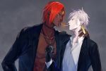  2boys ashwatthama_(fate/grand_order) black_gloves blue_eyes chest cigarette dark_skin dark_skinned_male earrings fate/grand_order fate_(series) forehead_jewel formal gloves highres holding_necklace jacket jewelry karna_(fate) lighting_cigarette male_focus multiple_boys ono_matope open_clothes open_jacket pale_skin redhead smoking 