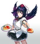  1girl belt black_hair black_skirt black_wings commentary_request cowboy_shot food frilled_skirt frills gradient gradient_background hat highres holding holding_plate holding_spoon looking_at_viewer neck_ribbon omelet one_eye_closed plate pom_pom_(clothes) puffy_short_sleeves puffy_sleeves red_eyes red_headwear red_neckwear ribbon shameimaru_aya shirt short_sleeves skirt solo spoon tokin_hat tongue tongue_out touhou white_shirt wings zounose 