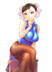  1girl breasts brown_hair bun_cover china_dress chinese_clothes chun-li closed_mouth commentary_request crossed_legs double_bun dress earrings jewelry looking_at_viewer pantyhose short_hair simple_background solo street_fighter ueyama_michirou white_background 