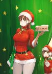  belt black_belt breasts brown_hair cake curtains earrings food food_in_mouth fruit hand_on_hip hat highres icing jewelry jun_(seojh1029) large_breasts long_hair multiple_girls original santa_costume santa_hat strawberry strawberry_cake yellow_eyes 