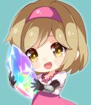  +_+ 1girl :d aqua_background black_gloves blonde_hair bow bowtie brown_eyes chibi commentary_request crystal djeeta_(granblue_fantasy) dress elbow_gloves gem gloves granblue_fantasy hairband holding light_brown_hair looking_at_viewer nameneko_(124) open_mouth pink_dress pink_neckwear short_hair smile solo vambraces 