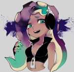  1girl brown_hair cephalopod_eyes dark_skin enisabi fang fangs fingerless_gloves gloves green_eyes green_hair hand_in_hair headphones highres iida_(splatoon) long_hair looking_at_viewer mole mole_under_mouth multicolored_hair octarian open_mouth smile splatoon_(series) splatoon_2 suction_cups tentacle_hair zipper 