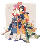  1girl blonde_hair blue_eyes cape commentary_request crossover dragon_quest dragon_quest_i dragon_quest_ii ghost goggles goggles_on_head goggles_on_headwear hero_(dq1) hood long_hair multiple_boys prince_of_lorasia prince_of_samantoria princess_of_moonbrook robe short_hair spiky_hair sword weapon white_robe yuza 