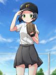  1girl adjusting_headwear anchor_hair_ornament baseball_cap baseball_mitt black_hair black_headwear blue_sky blurry blurry_background closed_mouth clouds cloudy_sky commentary cowboy_shot day depth_of_field green_eyes hair_ornament hairclip hat kakizaki_(chou_neji) kantai_collection kuroshio_(kantai_collection) logo looking_at_viewer outdoors print_hat school_uniform short_hair short_sleeves sky smile solo standing 