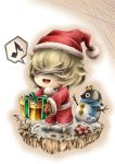  1boy alternate_costume bandages bandages_over_eyes blind_prince blonde_hair box chibi christmas crown eighth_note flower gift gift_box gradient gradient_background hat hidefu_kitayan holding holding_box mini_crown mittens musical_note outline raccoon red_mittens santa_costume santa_hat scarf snow solo spoken_musical_note standing standing_on_one_leg usotsuki_hime_to_moumoku_ouji 