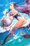  1girl arched_back ass asymmetrical_hair bangs bare_shoulders blue_eyes blue_ribbon blue_sky blue_swimsuit boots choker clouds cloudy_sky day dutch_angle eyelashes fate/grand_order fate_(series) foreshortening frilled_swimsuit frills from_side hankuri horizon long_hair long_sleeves looking_at_viewer looking_to_the_side meltryllis meltryllis_(swimsuit_lancer)_(fate) motion_blur ocean one-piece_swimsuit outdoors purple_hair ribbon shiny shiny_hair sky smile solo strapless swimsuit very_long_hair water water_drop white_footwear 