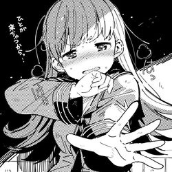  1girl bangs blush breasts breath commentary_request eyebrows_visible_through_hair greyscale kantai_collection long_hair long_sleeves monochrome ooi_(kantai_collection) open_mouth sailor_collar school_uniform serafuku solo sweat translation_request upper_body watarai_keiji 