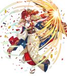  1girl anna_(fire_emblem) bangs bow_(weapon) fire_emblem fire_emblem_heroes full_body hair_ornament hanekoto highres holding holding_bow_(weapon) holding_weapon japanese_clothes kimono obi official_art red_eyes redhead sandals sash smile solo tabi tied_hair transparent_background weapon white_legwear 