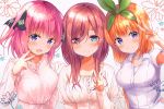  3girls :d amedamacon arm_up armpit_peek artist_name bangs black_ribbon blush breasts brown_hair closed_mouth collarbone collared_shirt dress eyebrows_visible_through_hair eyes_visible_through_hair fingernails floral_background go-toubun_no_hanayome gradient gradient_background green_ribbon grey_background hair_between_eyes hair_over_one_eye hair_ribbon hand_up highres juliet_sleeves long_hair long_sleeves looking_at_viewer medium_breasts multiple_girls nail_polish nakano_miku nakano_nino nakano_yotsuba open_mouth orange_hair pink_dress pink_hair pink_nails puffy_sleeves ribbon shirt short_sleeves siblings sisters sleeveless sleeveless_shirt smile two_side_up upper_body v violet_eyes w white_background white_dress white_shirt 