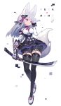  1girl animal_ear_fluff animal_ears bangs bare_shoulders black_dress black_legwear black_shorts breasts closed_mouth commentary_request dress elbow_gloves eyebrows_visible_through_hair fox_ears fox_girl fox_tail full_body gloves grey_hair hair_ornament hand_up highres holding holding_sword holding_weapon katana long_hair looking_away looking_to_the_side mamuru medium_breasts original puffy_shorts red_eyes shoes short_shorts shorts smile solo sword tail thigh-highs weapon white_background white_footwear white_gloves 