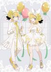  1boy 1girl arm_behind_back balloon bangs blonde_hair blue_eyes bow commentary dress flower full_body hair_bow hair_ornament hairclip hand_on_own_cheek hat hat_feather hat_flower highres holding holding_balloon holding_jacket jacket kagamine_len kagamine_rin layered_dress looking_at_viewer nail_polish neck_ribbon one_eye_closed open_mouth pants ribbon rose shirt shoes short_hair short_ponytail sleeveless sleeveless_dress smile sneakers strapless strapless_dress swept_bangs vocaloid white_bow white_dress white_headwear white_jacket white_pants white_shirt window yellow_footwear yellow_nails yellow_ribbon yoshiki 