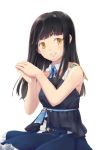  1girl bangs black_hair blue_ribbon breasts brown_eyes dress hands_together hands_up highres long_hair original parfaith parted_lips ribbon simple_background sleeveless small_breasts smile solo standing white_background 