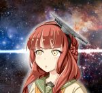  1girl beige_serafuku brown_hair chestnut_mouth commentary_request de_ruyter_(kantai_collection) galaxy green_sailor_collar hair_ornament highres kantai_collection long_hair nebula open_mouth sailor_collar solo space space_cat_(meme) star_(sky) tk8d32 upper_body wide-eyed yellow_eyes 