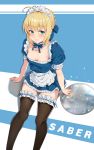  1girl absurdres ahoge alternate_costume apron artoria_pendragon_(all) black_legwear blonde_hair blue_dress blue_ribbon breasts dress enmaided fate/stay_night fate_(series) frilled_apron frilled_dress frilled_legwear frills green_eyes hair_bun hair_ribbon happymonk highres maid maid_apron maid_headdress puffy_short_sleeves puffy_sleeves ribbon saber short_dress short_sleeves small_breasts solo thigh-highs waist_apron white_apron 