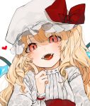  1girl :d alternate_hairstyle bangs blonde_hair blush bow commentary_request crystal eyebrows_visible_through_hair face fangs flandre_scarlet gotoh510 hand_up hands hat hat_bow heart index_finger_raised long_hair looking_at_viewer mob_cap open_mouth puffy_short_sleeves puffy_sleeves red_bow red_eyes shirt short_sleeves simple_background smile solo tongue touhou upper_body white_background white_headwear white_shirt wings wrist_cuffs 