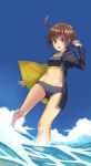  1girl ahoge arm_up bikini black_bikini black_jacket breasts brown_hair clouds from_below highres inugoya jacket linne long_sleeves looking_at_viewer midriff navel open_clothes open_jacket open_mouth partially_submerged short_hair small_breasts solo swimsuit twitter_username under_night_in-birth violet_eyes water 