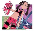  1girl bare_shoulders black_choker black_gloves black_hair black_nails choker earrings from_yaneura gloves grass green_eyes jewelry long_hair mary_(pokemon) navel parted_lips pink_legwear pokemon pokemon_(game) pokemon_swsh solo stadium torn_clothes torn_legwear 