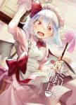  1girl alternate_costume arm_up blue_hair blush broom cover cover_page doujin_cover enmaided eyebrows_visible_through_hair hair_between_eyes highres looking_at_viewer maid maid_headdress open_mouth red_eyes remilia_scarlet short_hair solo touhou yuki_(popopo) 