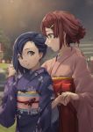  2girls black_hair blurry blurry_background blush brown_eyes brown_hair festival floral_print green_eyes hair_bun hair_ornament hairclip highres holding_hands japanese_clothes kimono looking_at_another multiple_girls night obi original outdoors parfaith parted_lips pink_kimono sash standing wide_sleeves yuri 