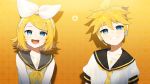  1boy 1girl :d absurdres bangs bare_shoulders bass_clef black_sailor_collar blonde_hair blue_eyes blush collarbone flipped_hair gradient gradient_background grin hair_ornament hairclip happy head_tilt headset highres kagamine_len kagamine_rin long_sleeves looking_at_viewer neckerchief necktie open_mouth orange_background sailor_collar short_hair short_sleeves sleeveless smile swept_bangs treble_clef upper_body vocaloid yamada_ichi yellow_background yellow_neckwear 