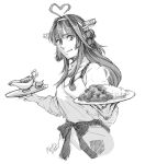  1girl alternate_costume apron bangs breasts commentary_request cropped_torso curry curry_rice dated double_bun food greyscale grin hair_over_shoulder hairband headgear heart holding holding_plate jewelry kantai_collection kongou_(kantai_collection) long_hair long_sleeves looking_at_viewer monochrome parted_lips plate remodel_(kantai_collection) rice ring sash signature simple_background smile solo steam sweater turtleneck turtleneck_sweater wedding_band white_background yamada_rei_(rou) 
