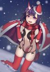  1girl bob_cut christmas eyeliner fate/grand_order fate_(series) fur-trimmed_hat gloves hat highres horns kngr418 makeup oni oni_horns purple_hair red_gloves red_headwear red_legwear red_scarf revealing_clothes santa_costume santa_hat scarf short_hair shuten_douji_(fate/grand_order) skin-covered_horns snow solo thigh-highs violet_eyes winter 